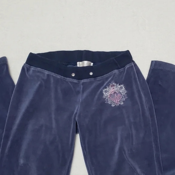 Vintage 90s Baby Phat Blue Velour Hot Pink Embroidered Low Rise Flare Track Pant - Picture 5 of 10